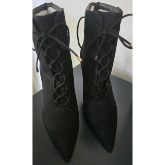 Good American Scandal Lace Up Stilleto Booties Suede Leather Trim Black 7.5 New - Picture 2 of 11
